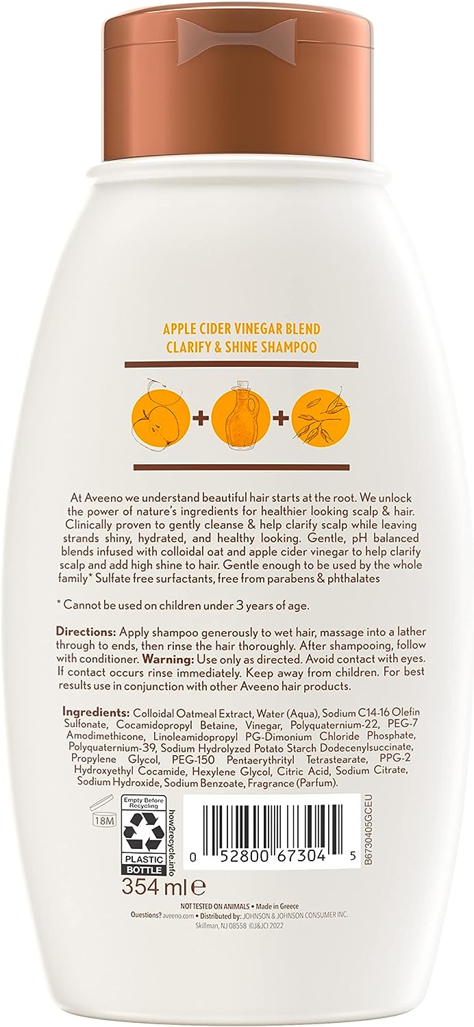 Aveeno Apple Cider Vinegar Sulfate-Free Shampoo for Balance High Shine, Daily Clarifying Soothing Scalp Shampoo for Oily or Dull Hair, Paraben Dye-Free, 12 Fl Oz