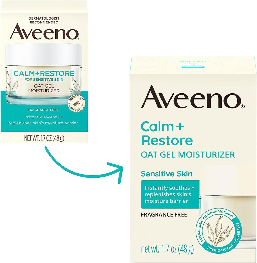 Aveeno Calm + Restore Oat Gel Facial Moisturizer for Sensitive Skin, Lightweight Gel Cream Face Moisturizer with Prebiotic Oat and Feverfew, Hypoallergenic, Fragrance- and Paraben-Free, 1.7 oz