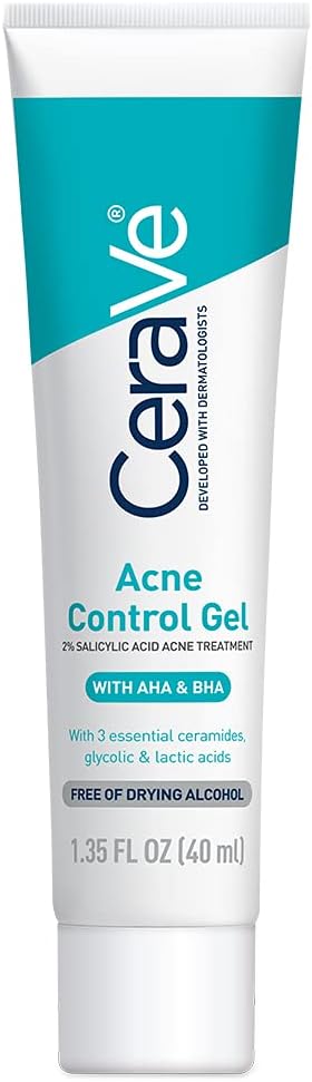 CeraVe Salicylic Acid Acne Treatment with Glycolic Acid and Lactic Acid | AHA/BHA Acne Gel for Face to Control and Clear Breakouts | Fragrance Free, Paraben Free, Oil Free  Non-Comedogenic|1.35 Ounce