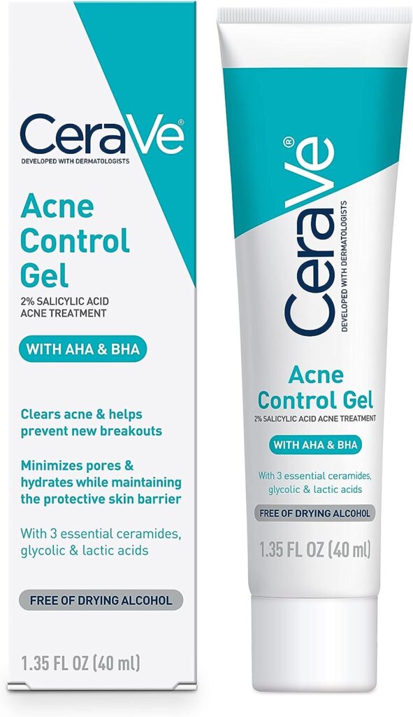 CeraVe Salicylic Acid Acne Treatment with Glycolic Acid and Lactic Acid | AHA/BHA Acne Gel for Face to Control and Clear Breakouts | Fragrance Free, Paraben Free, Oil Free  Non-Comedogenic|1.35 Ounce