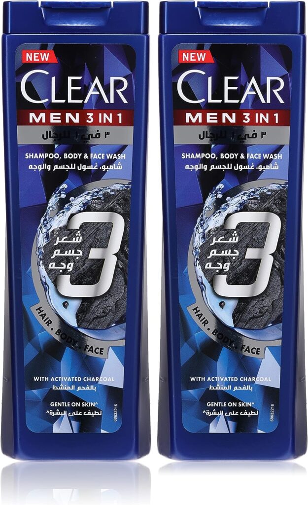 Clear Men Complete Care 3in1 Shampoo For Hair, Face Body With Activated Charcoal for 100% dandruff free hair and moisturized skin, 400ml Pack of 2, white
