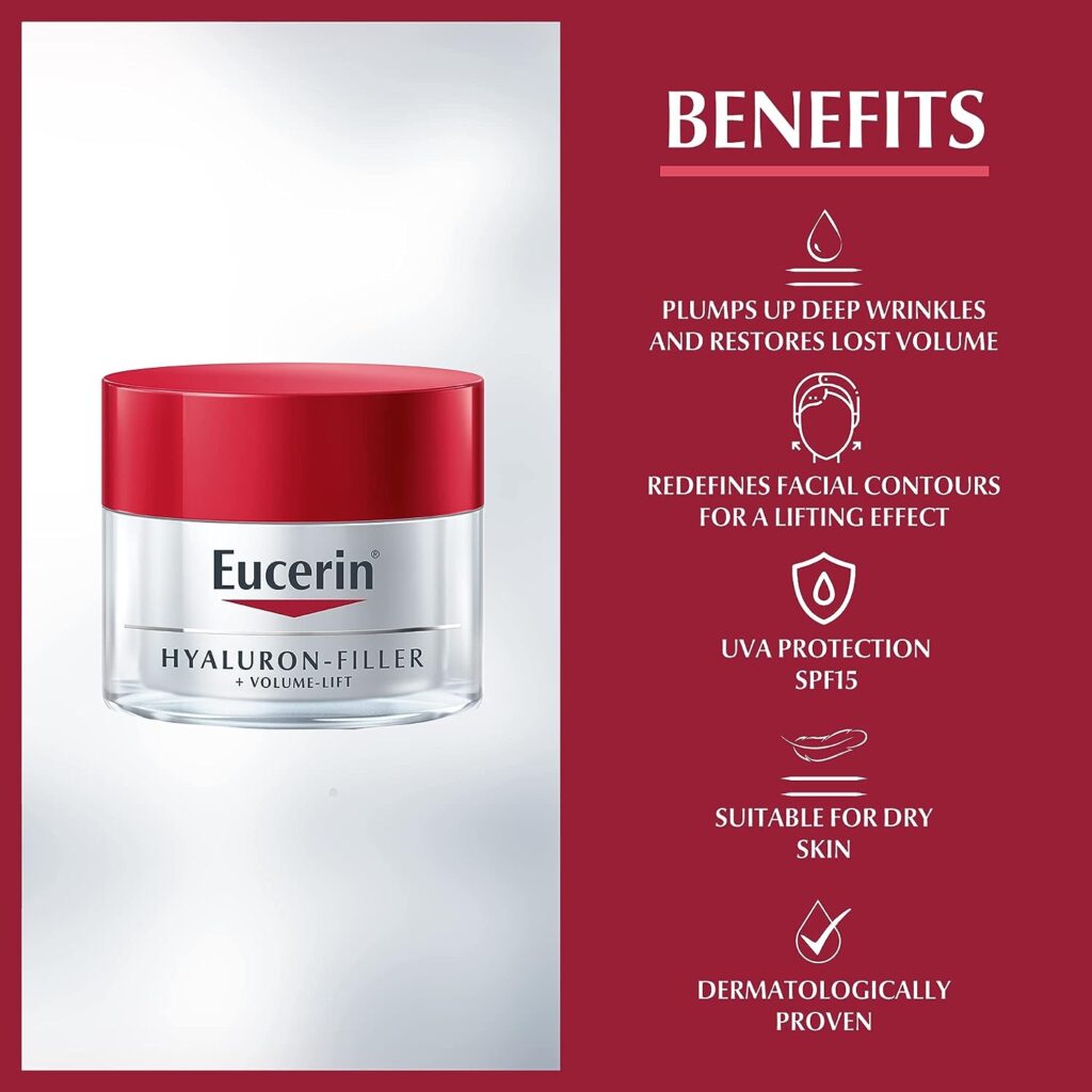 Eucerin Hyaluron Filler + Volume Lift Anti-Aging Face Day Cream with Hyaluronic Acid, Effective Lifting and Restores Volume, UVA UVB Protection, SPF 15, Mousturizer For Dry Skin, 50ml