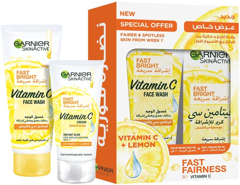 Garnier SkinActive Fast Bright Skincare Routine - Face Wash 100ml and Day Cream 50ml