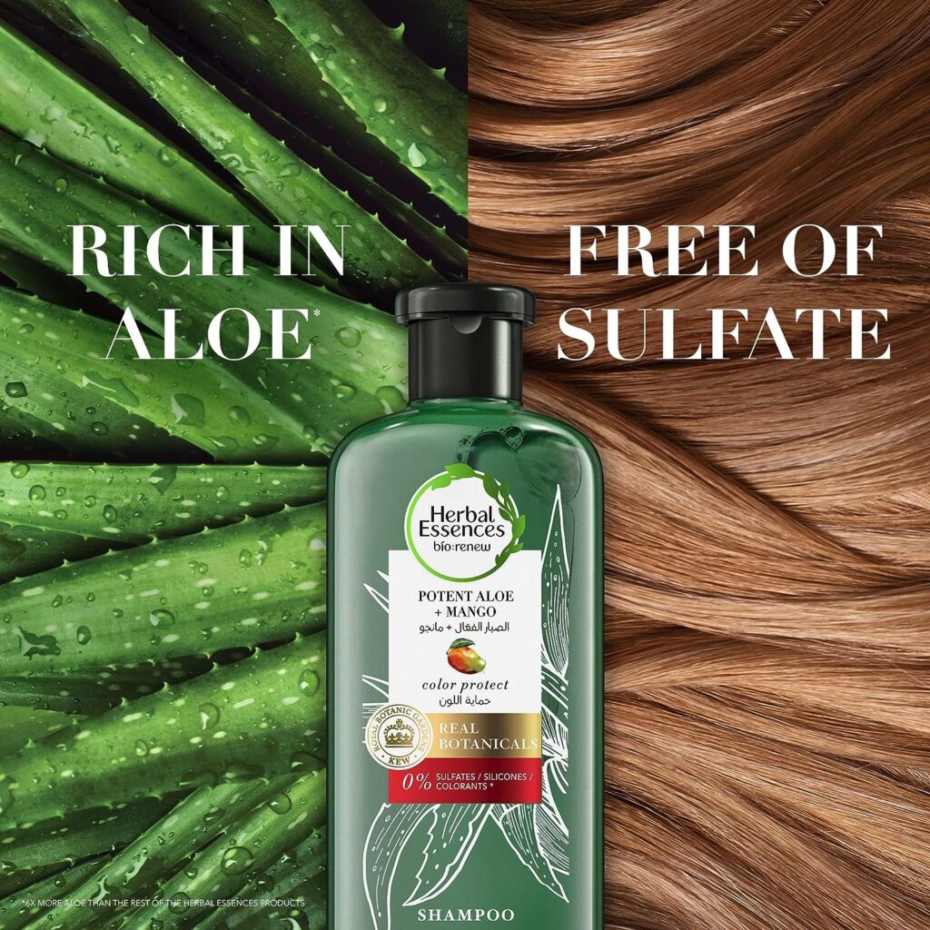 Herbal Essences Color Protect Sulfate Free Potent Aloe Vera + Mango Natural Shampoo for Dry Hair and Hair Hydrate, 400 mL