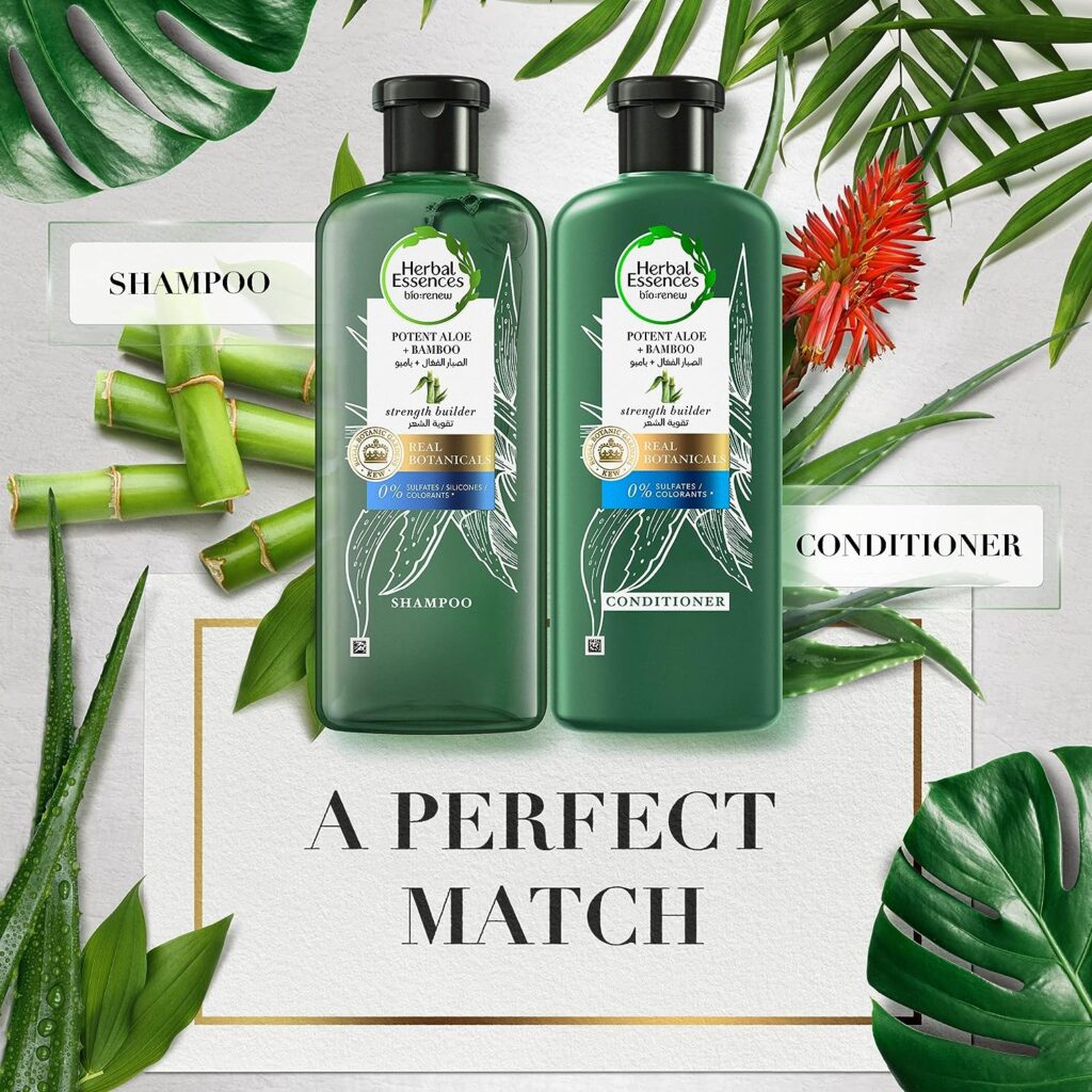 Herbal Essences Hair Strengthening Sulfate Free Potent Aloe Vera + Bamboo Natural Shampoo for Dry Hair and Hair Hydrate, 400 mL