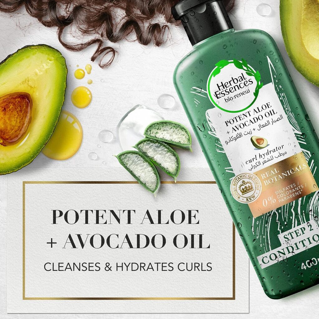Herbal Essences Sulfate-Free Potent Aloe + Avocado Oil Hair Line for Curly Hair Cleanse, Hydration, Nourishment and Definition, 400 mL, Multi-Color