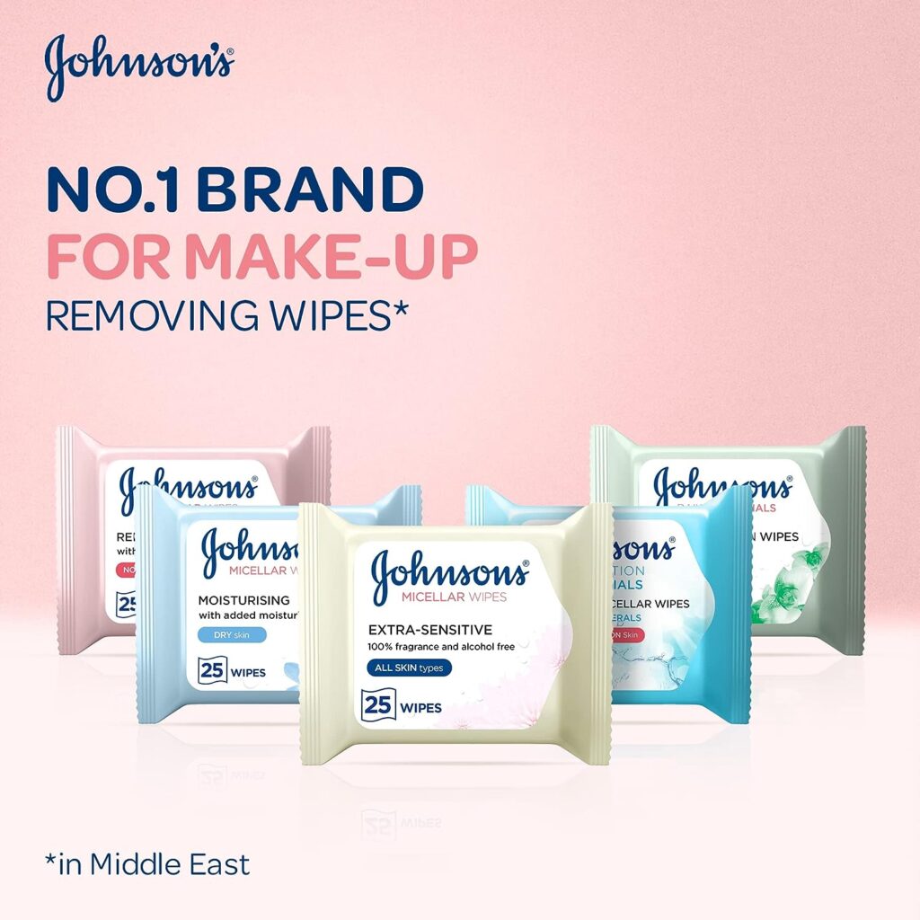 Johnson’s Micellar Wipes Refreshing with Skin-Loving Minerals, Pack of 2x25 Wipes, Suitable for Normal Skin Types, Gentle Makeup Remover Wipes, Hydrates and Cleanses, Safe for Sensitive Eyes