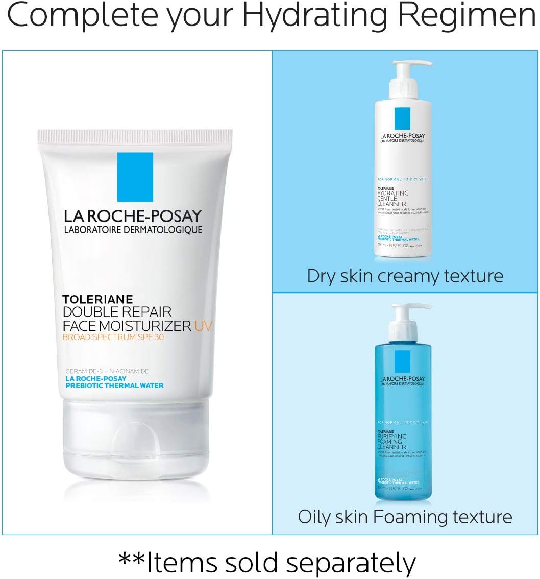La Roche-Posay Toleriane Double Repair Uv Face Moisturizer With Spf, Daily Facial Moisturizer With Ceramide And Niacinamide For All Skin Types, Sunscreen Spf 30, Oil Free, Fragrance Free, 1 Piece