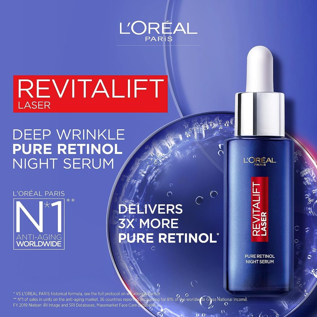 LOreal Paris Pure Retinol Night Serum, Revitalift Laser Face Serum, Deep Anti-Wrinkle Night Serum For Face [30ml]