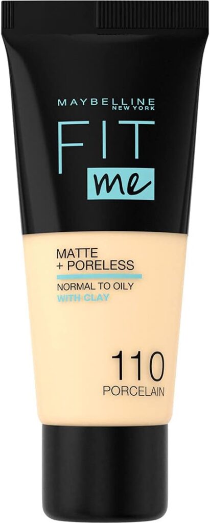 Maybelline New York Liquid Foundation, Matte  Poreless, Full Coverage and Blendable, Normal to Oily Skin, Fit Me, 110 Porcelain