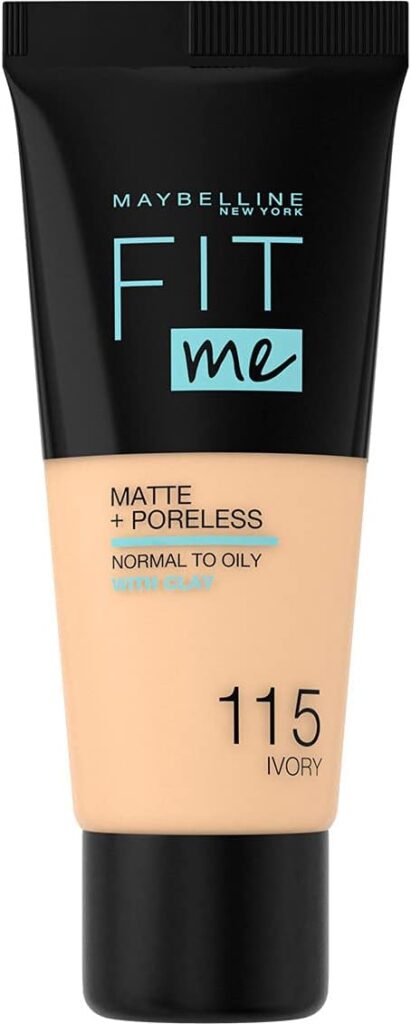 Maybelline New York Liquid Foundation, Matte Poreless, Full Coverage and Blendable, Normal to Oily Skin, Fit Me, 115 Ivory