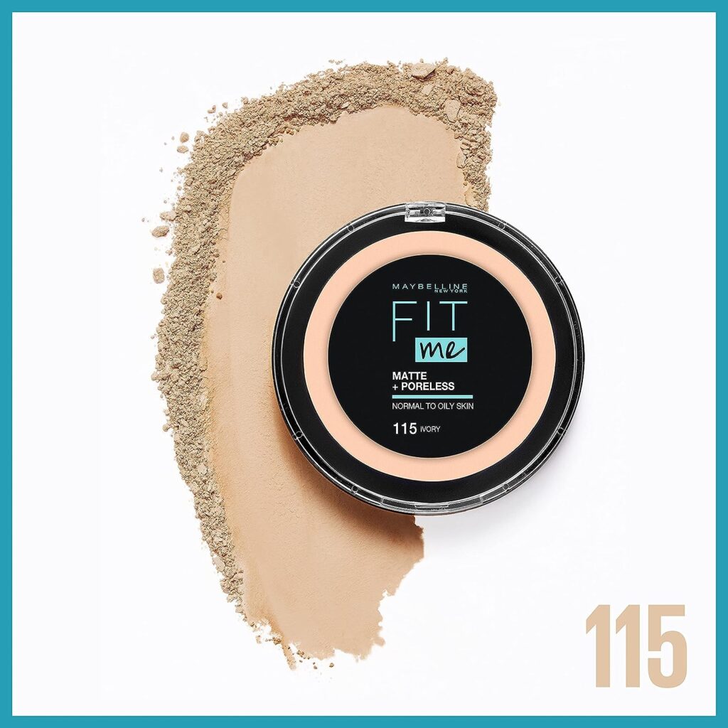 Maybelline New York Powder Foundation, Matte Poreless, Full Coverage and Blendable, Normal to Oily Skin, Fit Me, 115 Ivory, 54g