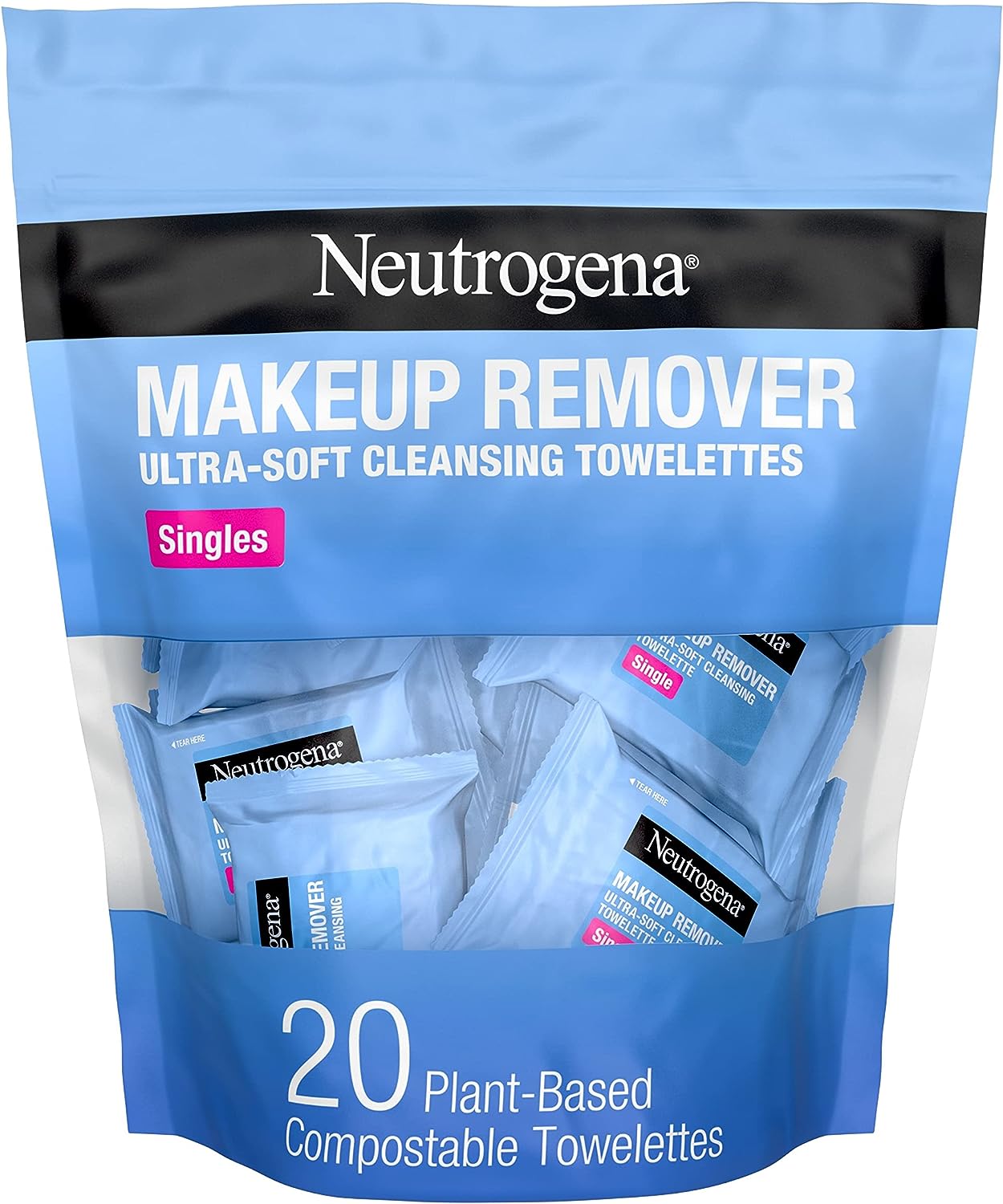 Neutrogena Facial Cleansing Towelette Singles, Daily Face Wipes to Remove Dirt, Oil, Makeup Waterproof Mascara, Gentle, Alcohol-Free, Individually Wrapped, 20 Count