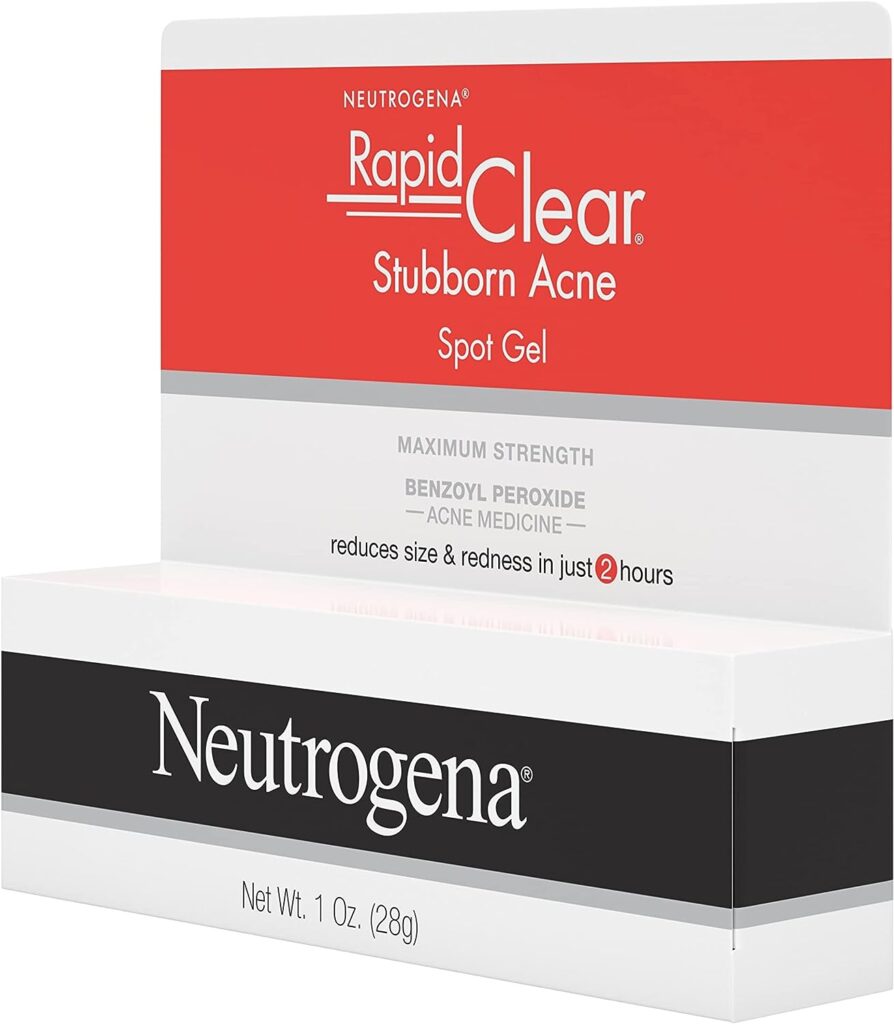 Neutrogena Rapid Clear Stubborn Acne Spot Treatment Gel With Maximum Strength Benzoyl Peroxide Acne Treatment Medicine, Pimple Cream For Acne Prone Skin With 10% Benzoyl Peroxide, 1 Oz