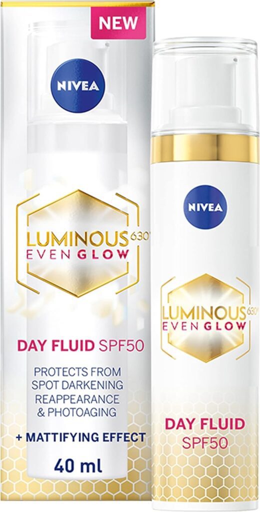 NIVEA LUMINOUS 630 EVEN GLOW Anti Dark Spot Face Fluid SPF 50, UVA UVB Sun Protection, Spotless Even Skin, Hydrating Hyaluronic Acid Vitamin E, 40ml