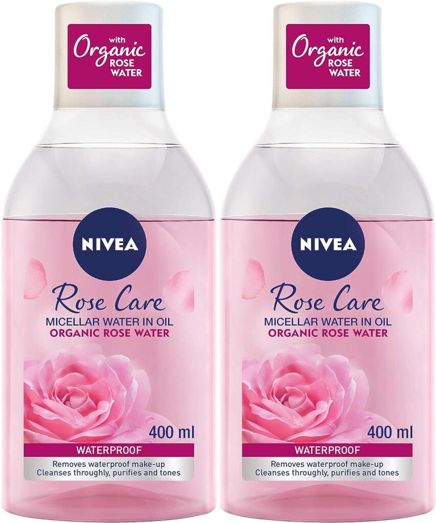 NIVEA Micellar Water Face Makeup Remover, Rose Care with Organic Rose, All Skin Types, 2x400ml