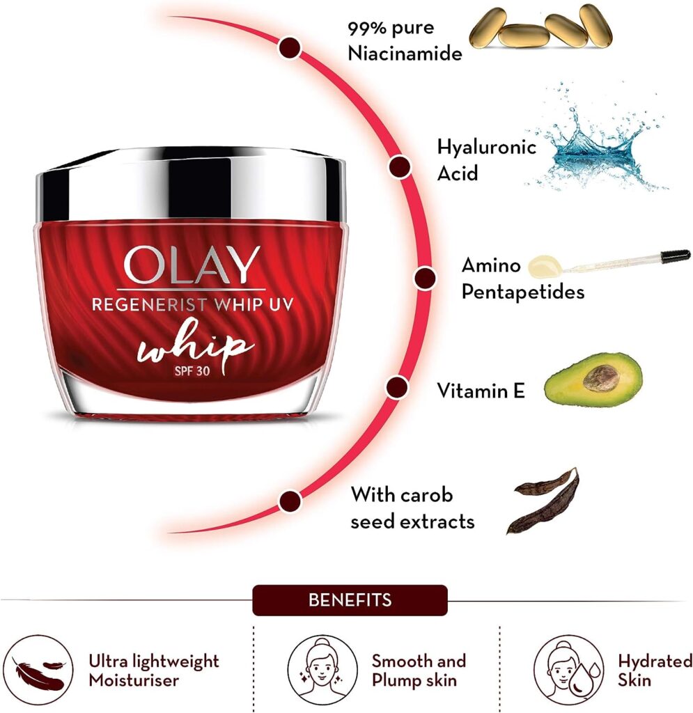 Olay Face Moisturizer: Regenerist Lightweight Whip Cream Without Greasiness With Hyaluronic Acid Spf30, 50G