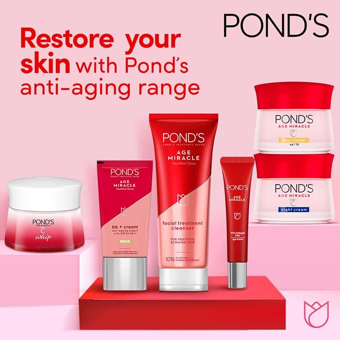 PONDS Age Miracle Day Face Cream, With SPF 18, Vitamin B3 and 10% Retinol C, Youthful Glow, 24 hour wrinkle correcting glow, 50g