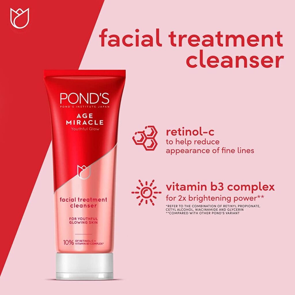 Ponds Age Miracle Face cleansing , Vitamin B3 and 10 percent Retinol C, Youthful Glow, 24 hour Wrinkle Correcting Glow, 100g