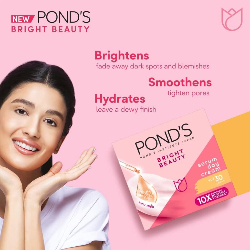Ponds Face Cream Bright Beauty for Brighter, Glowing Skin, Brightening Day Cream with SPF30, Vitamin B3 (Niacinamide), Vitamin E and Glycerin, 50g
