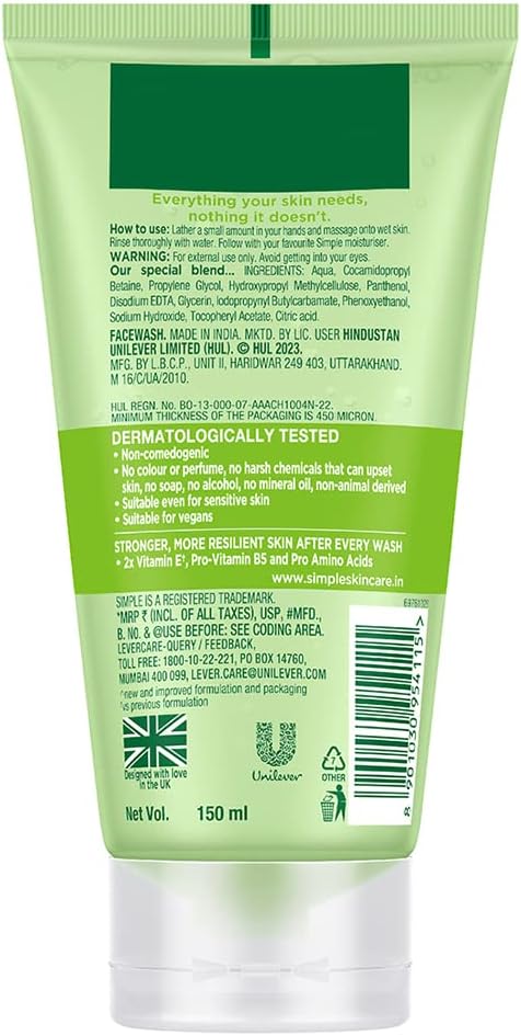 Simple Refreshing Facial Wash, Make-Up Remover With Pro-Vitamin B5, Vegan, No Perfume And Alcohol, Vitamin E Anti-Oxidant, Soap-Free, Hypoallergenic, Sensitive Skin, 150Ml