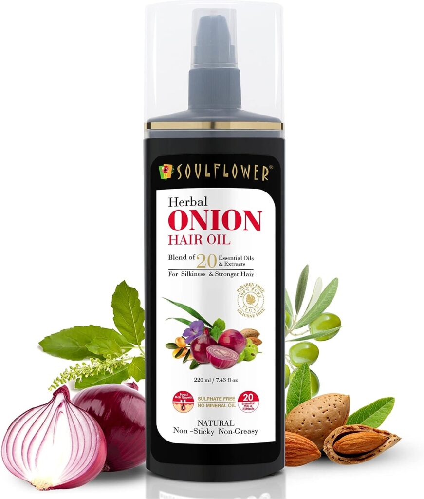 Soulflower Onion Hair Oil, Enriched with Natural blends of Amla, Ashwagandha, Sandalwood Essential Oil - 100% Pure, Preservative Free, Non-Greasy, Cold Pressed Oil, Rich in Vitamin E - 200 ml
