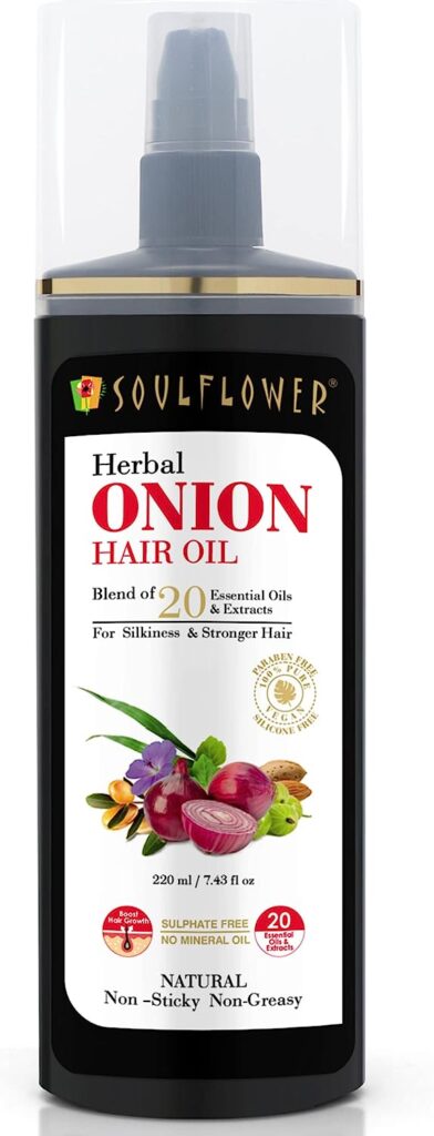 Soulflower Onion Hair Oil, Enriched with Natural blends of Amla, Ashwagandha, Sandalwood Essential Oil - 100% Pure, Preservative Free, Non-Greasy, Cold Pressed Oil, Rich in Vitamin E - 200 ml