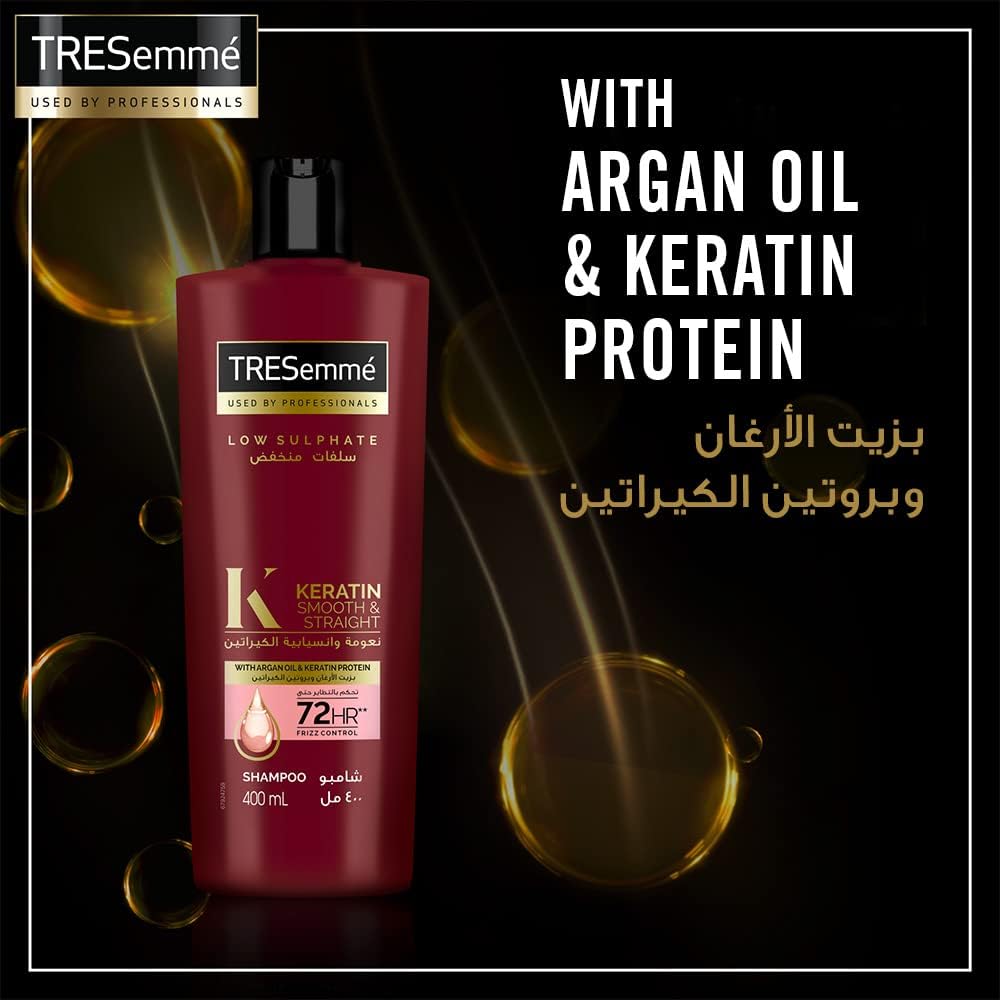 TRESEmmé Keratin Smooth and Straight Shampoo with Argan Oil, Enjoy up to 72 hours of Frizz Control, 400ml, Pack of 2