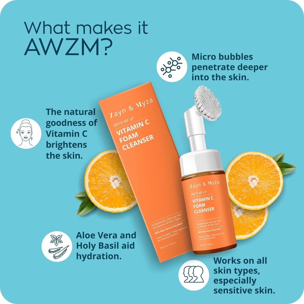 Zayn Myza Vitamin C Foaming Face Wash, With Silicone Cleanser Brush For Glowing Skin, Hyper pigmented Dull Skin, 100% Vegan for Men Women, 100ml