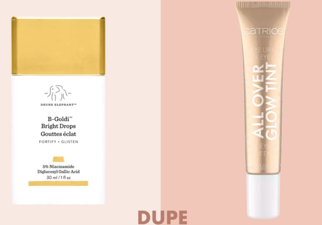 Drunk Elephant's B-Goldie Bright Drops vs. Catrice's All Over Glow Tint